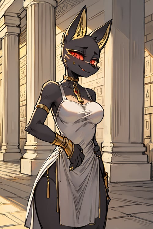 masterpiece, best quality, 1girl, anubis, red eyes, furry, smile, animal ears, gold bracelet, furry female, horny, white sexy dress, sketch, standing, egyptian temple background <lora:Anubis:1>