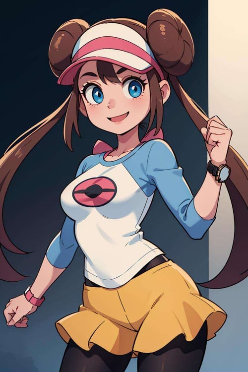 ((masterpiece,best quality)), absurdres, long hair,  <lora:rosa_(pokemon)_v10:0.7>, ro1, hair bun, blue eyes, twintails, visor cap, pantyhose, raglan sleeves, yellow shorts, shirt, pink bow, wristwatch, solo, smiling, looking at viewer, cowboy shot,  cinematic composition, dynamic pose, contrapposto, 