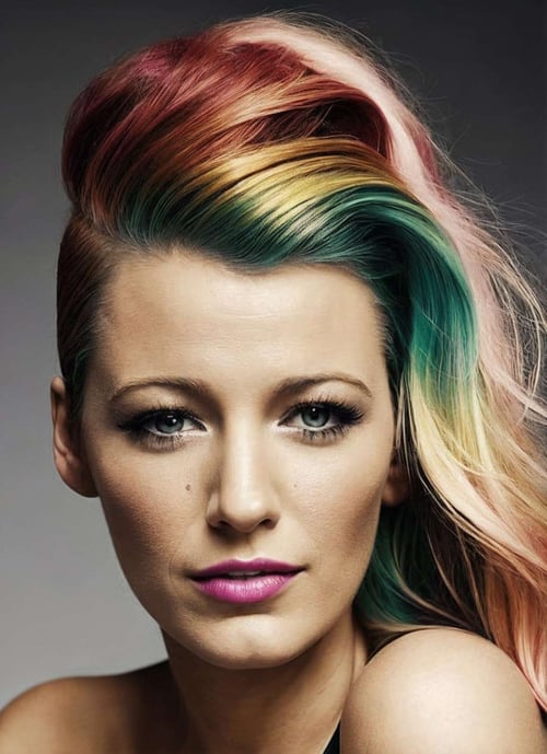 portrait of sks woman by Flora Borsi, style by Flora Borsi, bold, bright colours, rainbow Mohawk haircut, ((Flora Borsi)), <lora:locon_blake_v1_from_v1_64_32:1.25>