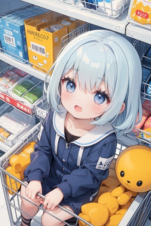 1girl, solo, masterpiece, best quality, blue pastel hair, blue eyes, sitting inside shopping cart, happy, cute jumpsuit, from above, >o<