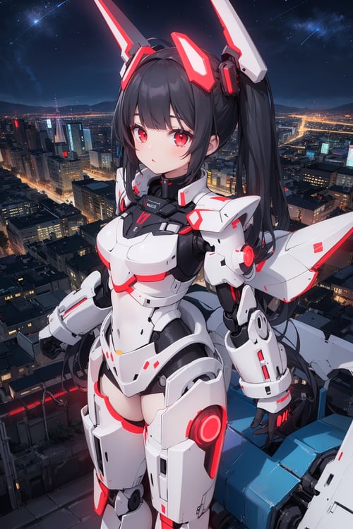 1girl, solo, masterpiece, glowing eyes, long hair, mecha headgear,  best quality,  black red mecha armor, black hair, red eyes, looking at viewer,  center,  standing,  night sky, (colorful neon city), from above,  twintails, close view
