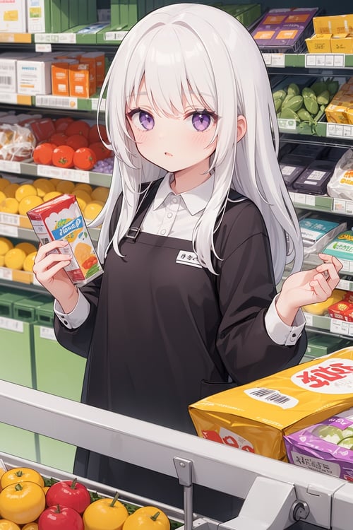 1girl, solo, masterpiece, best quality, white hair,  purple eyes, 
((supermarket cashier))