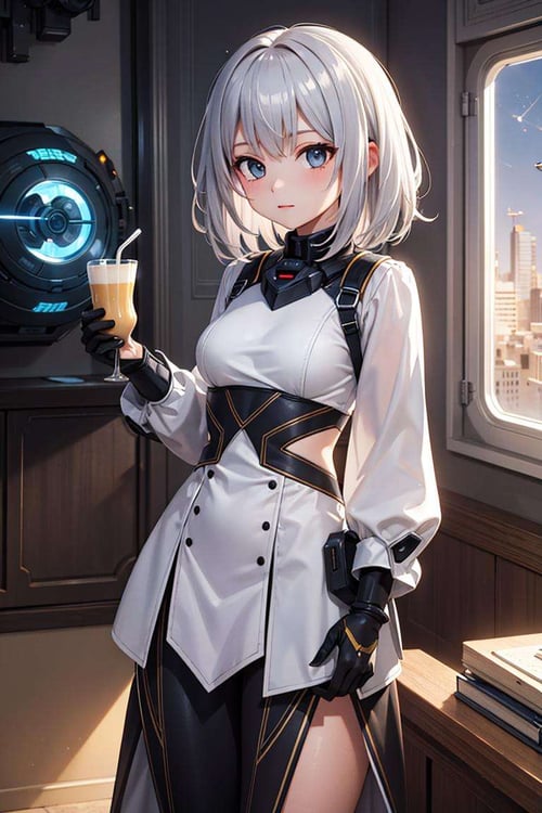 (masterpiece), best quality, high resolution, highly detailed, detailed background, perfect lighting, lens flare, (sci-fi:1.2), 1girl, silver hair, medium hair, custard pudding with cream,