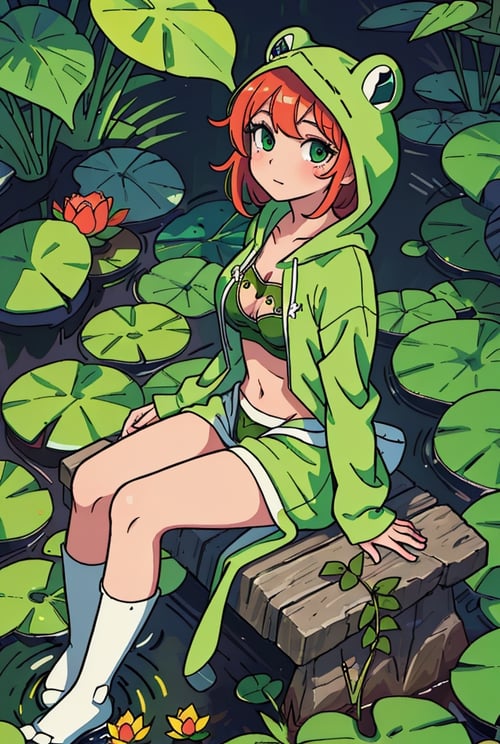 ((masterpiece)), (best quality),official art, highly detailed, Depth of field, vivid color, perfect lighting, 1 girl in frog hoodie, sitting on lilypad, nature, pond, small leaf, sexy, navel, huge breasts, under boob, bear foot,
