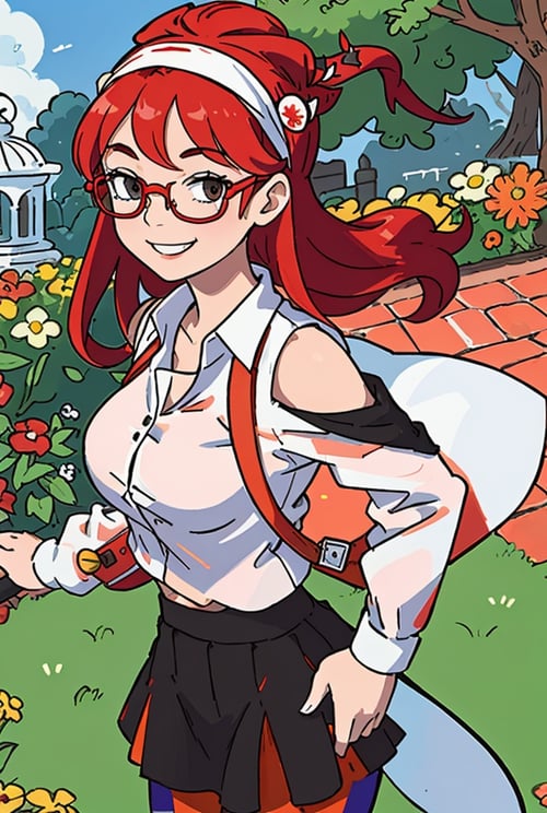 masterpiece, best quality, purah, red glasses, hair ornament, hair stick, red headband, white shirt, bare shoulders, white jacket, black skirt, orange leggings, large breasts, looking at viewer, entrance, garden, leaning forward, upper body, hands to hips, smile 
