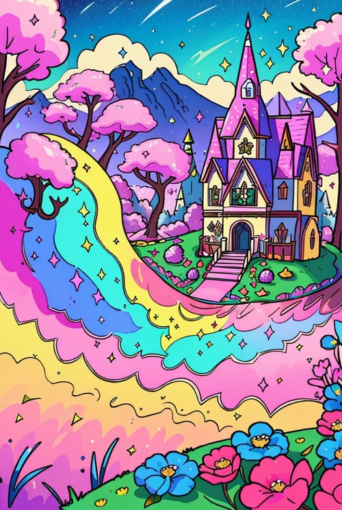 (Masterpiece, best quality:1.3), highly detailed, fantasy, 8k, candyland, dynamic, cinematic, ultra-detailed, full background, fantasy, illustration, house, cake, roof, drip, sparkle, glitter, scenery, ((no humans)), drizzle, beautiful, (shiny:1.2), various colors, gumball machine, monolithic, bloom:0.4, sparkle, extremely detailed, multicolored theme 
