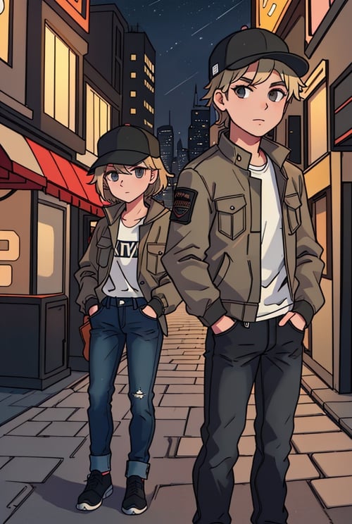 (masterpiece, best quality, high quality, highres, ultra-detailed), city, scenery, night, building, sign, cityscape, pantyhose, skyscraper, street lights, solo, 1boy, gray eyes, short Crew Cut, sand blonde hair, triangular face, looking at viewer, outdoors, hands in pockets, khaki jacket, black loose jeans, black baseball cap, AS-Adult, Asian-Less, OverallDetail,
