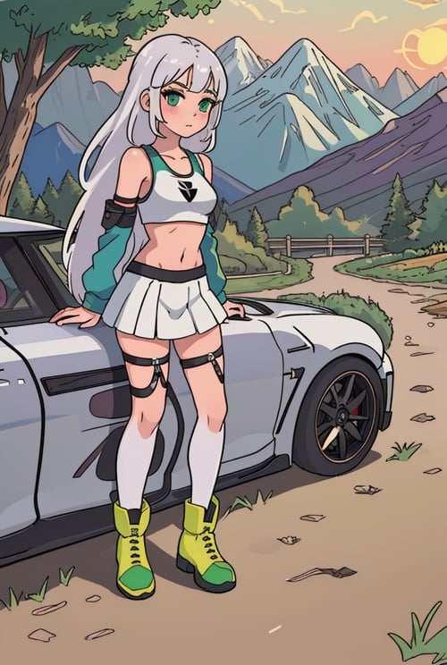 ((masterpiece)), (best quality), official art, extremely detailed CG, unity 8k wallpaper, ultra detailed, highly detailed, detailed background, vivid color, photorealistic, perfect lighting, 1girl, solo, european,slim , super model, small breasts, navel, green eyes, toyota supra in background , Clothes: white tanktop, mini skirt, tight skirt, kendolllegver, boots, latex, Appearance: platinum hair, long hair, natural makeup, Behavior: free-spirited, spontaneous, sitting, blush, open legs, spread legs, Location: park, sun beam, mountains, day time, 
