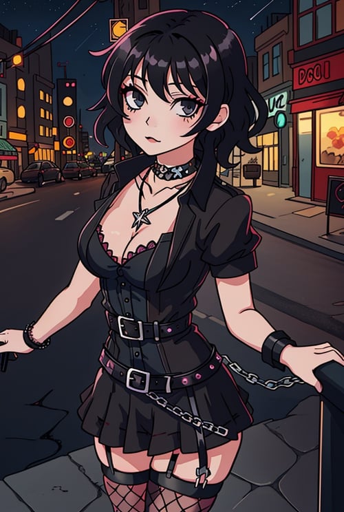 (best-quality:0.8), perfect anime illustration,1girl, adult, medium breasts, fishnet stockings, black hair, goth, necklace, multiple belts, city, night,  Goth_punk,  short hair, wavy hair,
