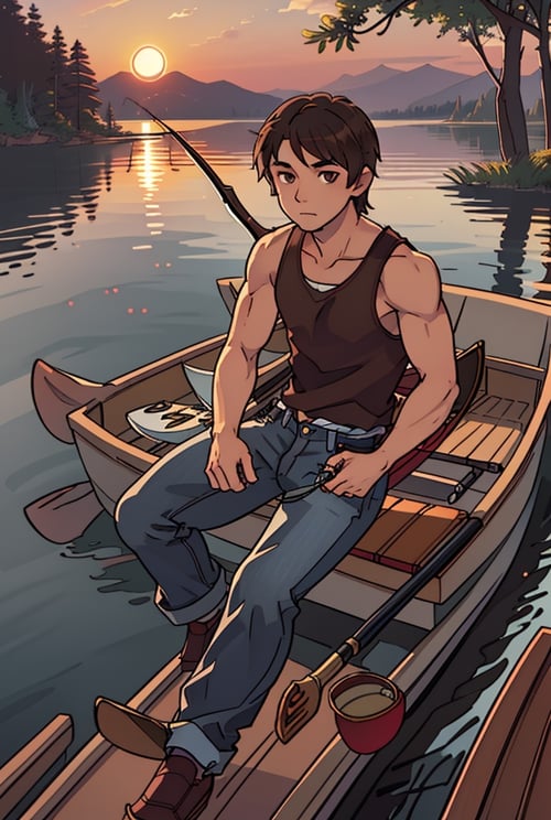  soft lighting, sketch, scenic background, wallpaper, wide view, outdoors, lake, reflections, sunset, male focus, ornate canoe, tanktop, jeans, (holding fishing pole:1.1), (fishing:1.1), muscular, sitting in canoe, shinjiro aragaki [persona], solo, focused calm expression, red eyes, toned, dark brown hair
