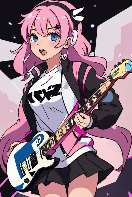 masterpiece, best quality, 1girl, bangs, black background, black skirt, black socks, blue eyes, breasts, cube hair ornament, earphones, electric guitar, facing viewer, feet out of frame, gibson les paul, guitar, hair between eyes, hair ornament, holding, holding instrument, instrument, jacket, light particles, long hair, long sleeves, looking at object, music, open mouth, pink hair, pink jacket, playing instrument, pleated skirt, simple background, skirt, small breasts, socks, solo, spotlight, standing, track jacket, 
