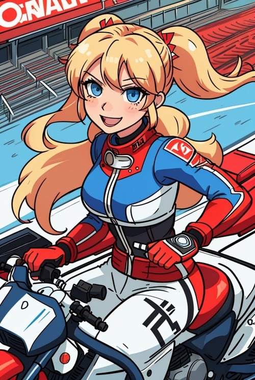  sketch, traditional media, outdoors, race track, giant television screens, riding a motorcycle, racesuit, red cat tail, ann takamaki [persona], 1girl, happy expression, blue eyes, blonde twintails
