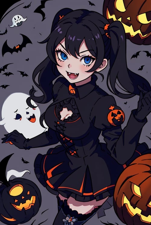  anime illustration, best shadows, halloween, pumpkins, ghosts, fangs, black lacy dress, black thigh boots, ann takamaki [persona], 1girl, happy expression, black twintails, blue eyes, scary pose

