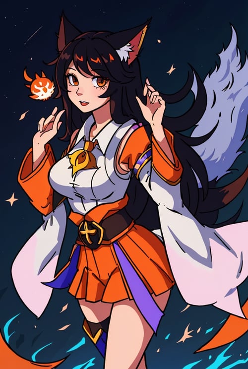 ahri, ahri_\(league_of_legends\), 1girl, absurdres, animal_ears, black_hair, breasts, detached_sleeves, distr, facial_mark, fox_ears, fox_tail, hand_up, highres, large_breasts, league_of_legends, long_hair, long_sleeves, looking_at_viewer, magic, multiple_tails, orange_eyes, parted_lips, solo, standing, standing_on_one_leg, tail
