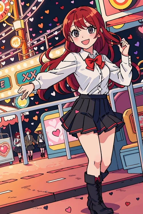  anime illustration, soft lighting, scenic background, carnival, roller coasters, gekkoukan high school uniform, white button up shirt, black pleated skirt, boots, red hair over on eye, excited happy expression, hearts
