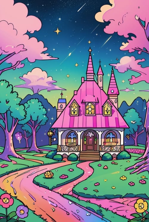 (Masterpiece, best quality:1.3), highly detailed, fantasy, 8k, candyland, dynamic, cinematic, ultra-detailed, full background, fantasy, illustration, house, cake, roof, drip, sparkle, glitter, scenery, ((no humans)), drizzle, beautiful, (shiny:1.2), various colors, gumball machine, monolithic, bloom:0.4, sparkle, extremely detailed, multicolored theme 

