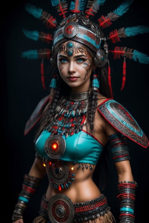 Tribal style  ((full body)), beautiful woman semi robot ,red wire led,aqua eyes, burning eyes, looking at viewer . Indigenous, ethnic, traditional patterns, bold, natural colors, highly detailed