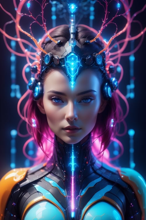 plasma as part of a human female, body, front facing, full body, front side, subsurface scattering, transparent, translucent skin, glow, Bioluminescent blood neurons,3d style,Cyberpunk style,full mask Movie Still, Leonardo Style, cool colors, vibrant, volumetric light, wide angle shot, fractal neuron background