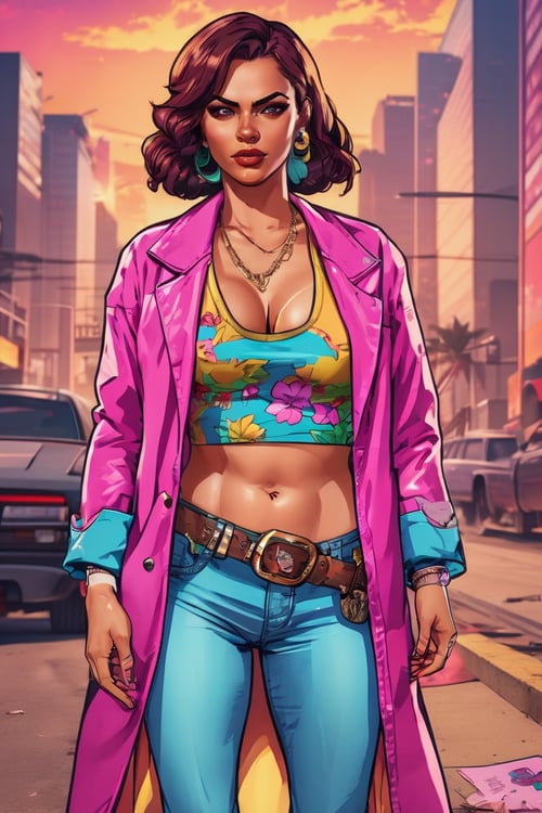 GTA-style artwork ((full body)), (RAW photo), (8k), (masterpiece),beautiful woman,  looking at viewer,  . Satirical, exaggerated, pop art style, vibrant colors, iconic characters, action-packed