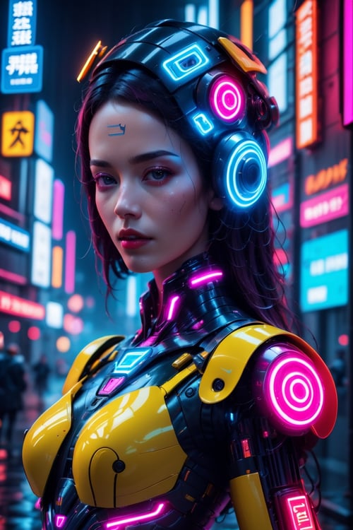 Neon noir beautiful woman semi robot taking selfie,looking at viewer, . Cyberpunk, dark, rainy streets, neon signs, high contrast, low light, vibrant, highly detailed