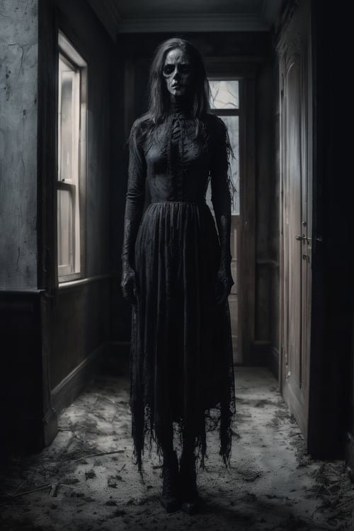 Horror-themed ((full body)), (RAW photo), (8k), (masterpiece),beautiful woman,  looking at viewer,  . Eerie, unsettling, dark, spooky, suspenseful, grim, highly detailed