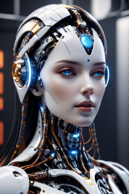 nousr robot, complex 3d render ultra detailed of a beautiful porcelain profile woman android face, cyborg, robotic parts, 150 mm, beautiful studio soft light, rim light, vibrant details, luxurious cyberpunk, hyperrealistic, anatomical, facial muscles, cable electric wires, microchip, elegant, beautiful background, octane render, 8k