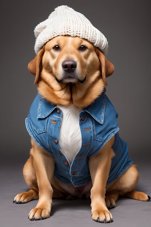 (absurdres, highres, ultra detailed, high resolution:1.1), dog, realistic, non-human, hairy, hat, cute, full body, (dressed animal, clothed animal:1.2),