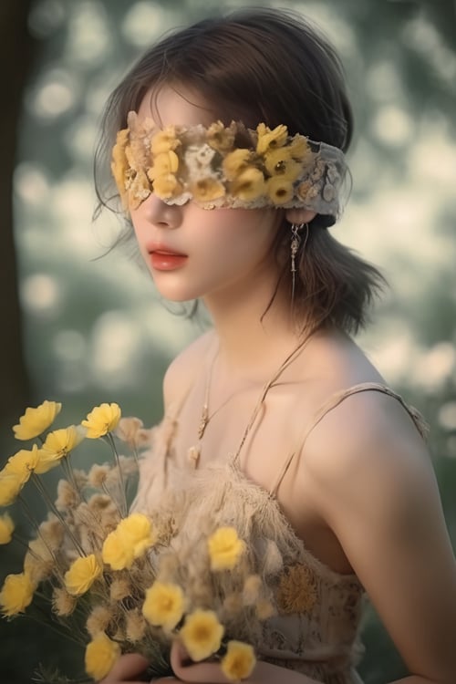 A photo-realistic rendering charming 1 girl,  (Flower Blindfold), lovely spring outing surrounded by beautiful yellow flowers, low key, 32K, RAW photo, beautiful detailed eyes and face, brown eyes, short curly hair, messy hair, bow camisole, navel, full body, <lora:Flower_Blindfold_SoraXL:1>