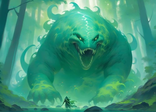 Land whale, giant monster, carnivorous, covered in moss, magical green forest, Multiple light sources, dynamic pose, dynamic view, fantasy, shadow, magic, gradient colors, high key, dungeon and dragons style, magic the gathering style
