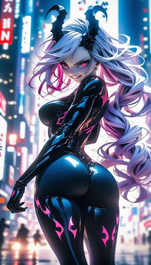 ((Anime, Ambient Occlusion, Dramatic Lighting, )), curvy, shiny skin, pale skin, white skin, long hair, platinum blonde hair, glowing eyes, red eyes, smile, demon girl, purple demon horns, (purple clothing), leotard, cleavage cutout, (black pantyhose), thigh boots, looking back, big ass, ass focus, sexy, from behind, dynamic pose, underground city, Tilt-Shift, Low Angle Shot