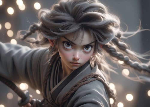 Chinese ancient style, black and gray tones, hazy feeling, sword fairy, movie shot, photo realism, shot from a low angle, a young heroine, very handsome, big eyes, focused on eyes, close-up, high cold, crazy details, movie lighting, ultra high definition, cg rendering, volume lighting, unreal engine