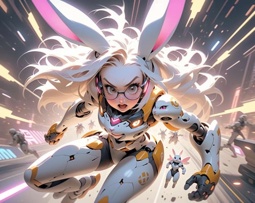 league of legends style, girl with long white hair, glasses, a cute yellow and white gundam rabbit, Rintuna style, — style expressive, cute pink and white tech wear outfit, mini white robot bunnies running around, concept art,, anime studio quality