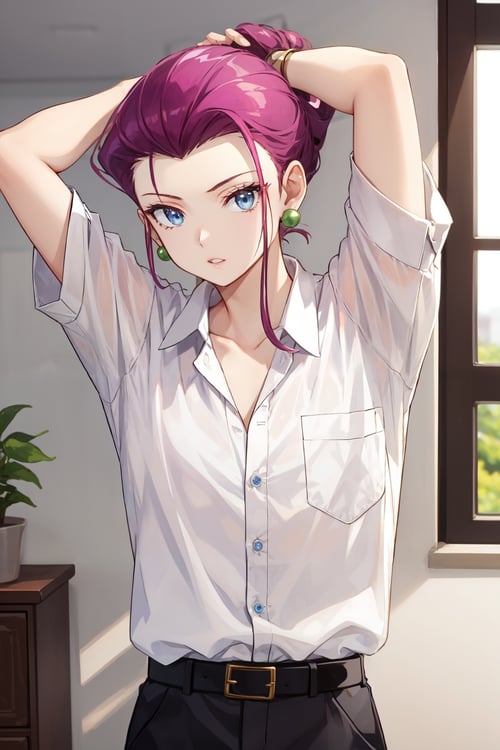 <lora:jessie-v2:1>jessie pokemon, buttons, jewelry, arms behind head, upper body, blue eyes, white shirt, solo, makeup, shirt, collared shirt, 1girl, arm up, purple hair, earrings, collarbone, hair slicked back, indoors, parted lips, blurry background
