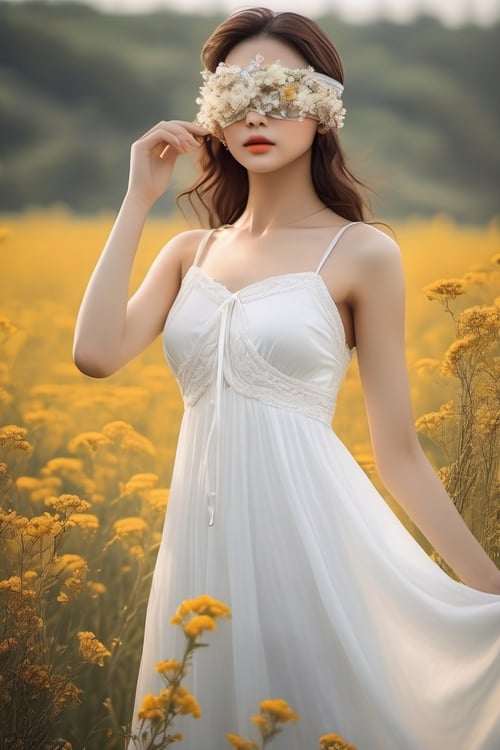 A photo-realistic rendering charming girl, flower blindfold), nature landscape, white dress, nature light, 32K, long dress, Wide Short, masterpiece, best quality, RAW photo