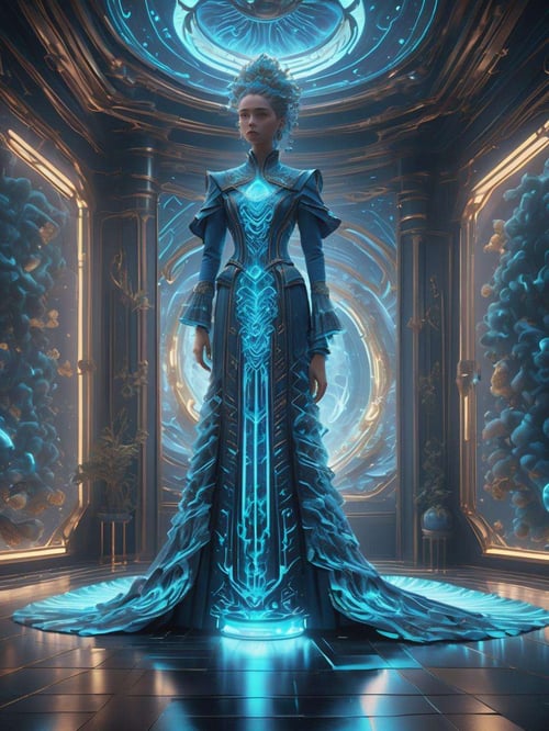 ((best quality)), ((masterpiece)), ((realistic,digital art)), (hyper detailed),DonMPl4sm4T3chXL full body clothing, Boat Neck, Rayon, Ribbed,, Bioluminescent Fiber-optic Threads, Cuffed Sleeves, Floor-Length, Drop Waist, Ball Gown Skirt,  Illusion Back,  , octane rendering, raytracing, volumetric lighting, Backlit,Rim Lighting, 8K, HDR,  <lora:DonMPl4sm4T3chXL-000010:0.7>