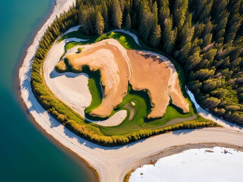 Aerial,  fields, forest, rocks, water, river, snow, sand, grass, road, lake,big stylized  shape of a bear, landart<lora:xl_more_art-full-beta3_1_0.5:1>