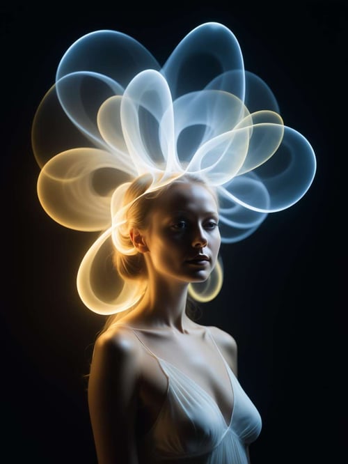 a photograph of a luminecent creature in style of  Luminogram portrait with fiber optic light painting, Light field photography, Light painting, Light tracing, Long exposure photography, Holographyethereal neural network organism, biomorph,alchemist, alt_style, cinematic, 35mm film, 35mm photography, film, photo realism, DSLR, 8k uhd, hdr, ultra-detailed, high quality, high contrast, dress<lora:xl_more_art-full-beta3_1_0.5:1>
