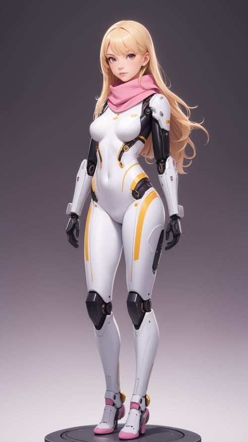 (masterpiece, best quality), intricate details, 1girl, bodysuit, full body , long hair, blonde hair, mechanical arms, medium breasts, pink scarf, science fiction, solo, standing, simple background