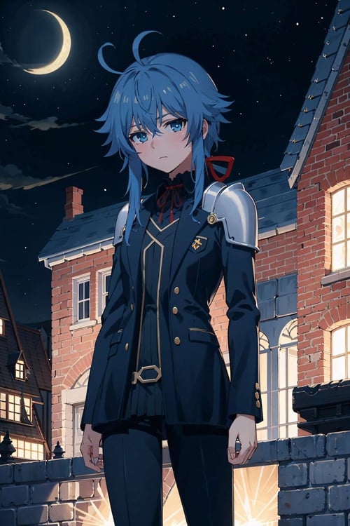 best quality, (masterpiece:1.2), detailed, medieval,<lora:chara_Rokuaka_ReLRayford_v1:0.8>, Re=L Rayford,1girl, solo, closed mouth, short hair with long locks, blue hair, ponytail, blue eyes, red ribbon, sidelocks, ahoge,black suit, shoulder armor,standing, from angle, looking at the viewer,outdoors, castle, night, cloud, <lora:night-r:0.3>