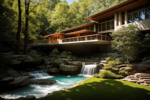 A photography showcase of Fallingwater, the iconic architecture by Frank Lloyd Wright located in Mill Run, Pennsylvania. Through the lens of Ansel Adams, using a 35mm lens, the scene captures the house’s unique cantilevered terraces amidst the verdant forest. The color temperature exudes a cool blueish tint. No facial expressions as the primary focus is on the structure. Ambient light from the sun provides a gentle glow to the scene, casting soft shadows. The atmosphere is serene and timelessDive into the world of Photography that captures the essence of Frank Lloyd Wright's modern "Frank Lloyd Wright's modern style villa" with a focus on the architectural marvel of Fallingwater. Through a 35mm lens, witness the structure in intense clarity and sharpness. The image has a warm color temperature that highlights the building's iconic cascading forms. No facial expressions are present as the image focuses solely on architecture. The lighting is natural, with the sun casting soft shadows on the structure, giving depth and texture. The atmosphere feels serene and untouched by time
