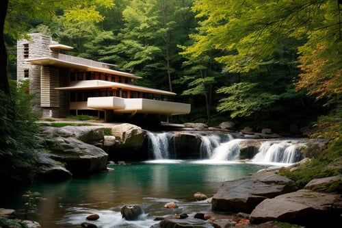 A photography showcase of Fallingwater, the iconic architecture by Frank Lloyd Wright located in Mill Run, Pennsylvania. Through the lens of Ansel Adams, using a 35mm lens, the scene captures the house’s unique cantilevered terraces amidst the verdant forest. The color temperature exudes a cool blueish tint. No facial expressions as the primary focus is on the structure. Ambient light from the sun provides a gentle glow to the scene, casting soft shadows. The atmosphere is serene and timeless
