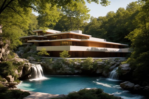 A photography showcase of Fallingwater, the iconic architecture by Frank Lloyd Wright located in Mill Run, Pennsylvania. Through the lens of Ansel Adams, using a 35mm lens, the scene captures the house’s unique cantilevered terraces amidst the verdant forest. The color temperature exudes a cool blueish tint. No facial expressions as the primary focus is on the structure. Ambient light from the sun provides a gentle glow to the scene, casting soft shadows. The atmosphere is serene and timelessDive into the world of Photography that captures the essence of Frank Lloyd Wright's modern "Frank Lloyd Wright's modern style villa" with a focus on the architectural marvel of Fallingwater. Through a 35mm lens, witness the structure in intense clarity and sharpness. The image has a warm color temperature that highlights the building's iconic cascading forms. No facial expressions are present as the image focuses solely on architecture. The lighting is natural, with the sun casting soft shadows on the structure, giving depth and texture. The atmosphere feels serene and untouched by time