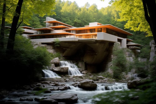 A photography showcase of Fallingwater, the iconic architecture by Frank Lloyd Wright located in Mill Run, Pennsylvania. Through the lens of Ansel Adams, using a 35mm lens, the scene captures the house’s unique cantilevered terraces amidst the verdant forest. The color temperature exudes a cool blueish tint. No facial expressions as the primary focus is on the structure. Ambient light from the sun provides a gentle glow to the scene, casting soft shadows. The atmosphere is serene and timeless
