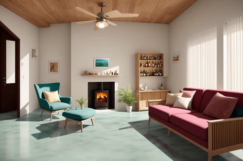 Indoors living room portrayed in the art form of Illustration. Drawing inspiration from the sketches of Mary Blair, the scene showcases a Scandinavian color scheme. The coziness of the room is enhanced by a sofa, armchair, and table, with a piano adding a touch of elegance. A bar under the stair flaunts a wine rack, and the polished concrete floor mirrors the twilight sky visible through a glass door with a wooden frame. Above, a ceiling fan turns lazily, and framed pictures decorate the walls. The room is cast in cool hues, with no discernible facial expressions. Soft lighting illuminates the room, enhancing the serene atmosphereraw photo, high quality, (masterpiece), realistic, ,Leica, <lora:add_detail:0.3> <lora:epiNoiseoffset_v2:0.3>