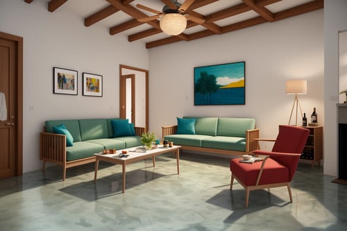 Indoors living room portrayed in the art form of Illustration. Drawing inspiration from the sketches of Mary Blair, the scene showcases a Scandinavian color scheme. The coziness of the room is enhanced by a sofa, armchair, and table, with a piano adding a touch of elegance. A bar under the stair flaunts a wine rack, and the polished concrete floor mirrors the twilight sky visible through a glass door with a wooden frame. Above, a ceiling fan turns lazily, and framed pictures decorate the walls. The room is cast in cool hues, with no discernible facial expressions. Soft lighting illuminates the room, enhancing the serene atmosphereraw photo, high quality, (masterpiece), realistic, ,Leica, <lora:add_detail:0.3> <lora:epiNoiseoffset_v2:0.3>