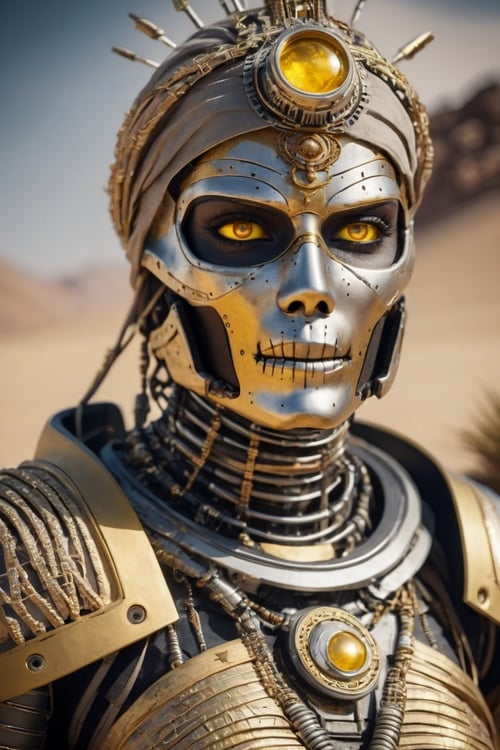 Grunge style breathtaking cinematic film still Cyborg mummy, intricate robotic details, glowing yellow eyes, menacing look, wrapped up in bandages, golden headdress, desert background, Unreal Engine 4, 3D, cinematic lighting. . shallow depth of field, vignette, highly detailed, high budget Hollywood movie, bokeh, cinemascope, moody, epic, gorgeous, film grain, grainy . award-winning, professional, highly detailed . Textured, distressed, vintage, edgy, punk rock vibe, dirty, noisy