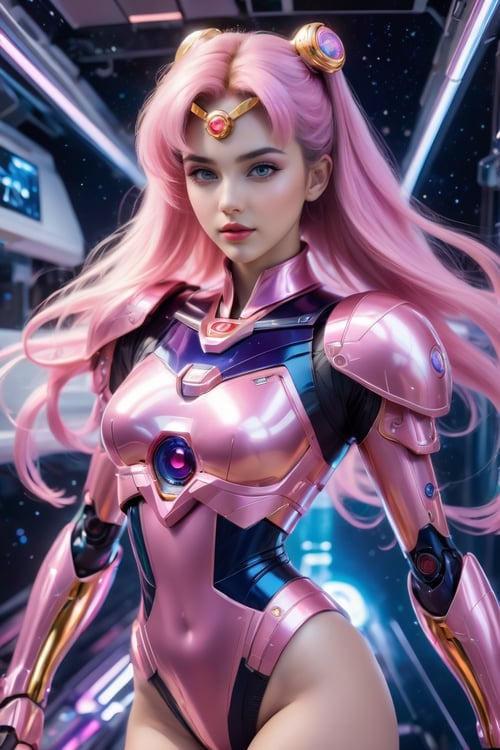 (wide_angle _view, full_body_shot), (zero gravity, weightlessness, floating in space, floating_hair), Beautiful sailor moon saturn in a pink reflective robotic suit, cyborg style, Xenia Tchoumitcheva/Franziska Knuppe hybrid, (in space, stars, space battle, starships, light rails, light particles), 8k resolution concept art portrait by Greg Rutkowski, Artgerm, WLOP, random neon holographic, prismatic, dynamic lighting hyperdetailed intricately detailed Splash art trending on Artstation Unreal Engine 5 volumetric lighting golden ratio dynamic lighting retrofuturism cyberpunk 8k resolution synthwave vaporwave solarpunk futuristic retrofuturism, ,bingnvwang