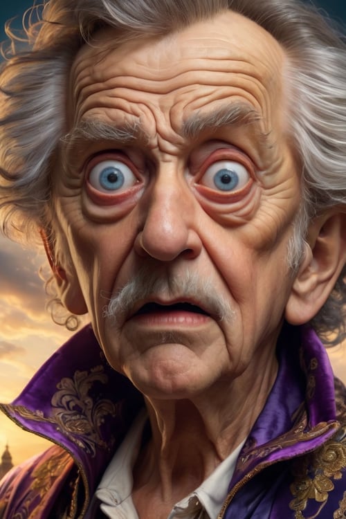 Hyperrealistic art Very old frightened and scared grandpa with fear in eyes, mad sky hallucination by Mundford, baroque maximalist, chibi by Artificial Nightmares, Stanley Artgerm, Tim Burton, detailed face features, sharp eyes, extremely detailed, photorealistic, highly detailed, organic, dynamic, ultra realistic, high definition, intricate details, crisp quality . Extremely high-resolution details, photographic, realism pushed to extreme, fine texture, incredibly lifelike