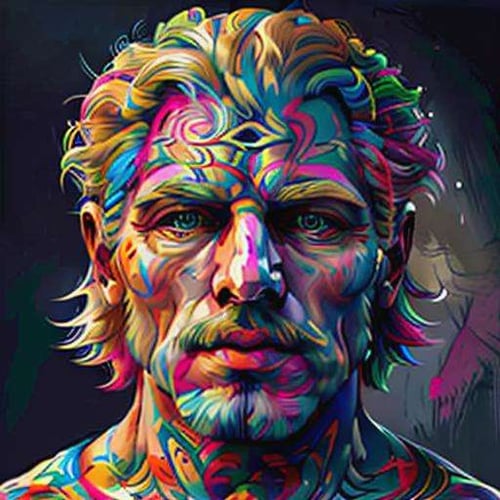 psychedelic, closeup drawing of a realistic handsome man, blonde hair, short hair, looking at viewer,simple background, <lora:psychedelic_portrait:1.2>