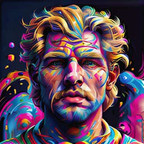 psychedelic, closeup drawing of a realistic handsome man, blonde hair, short hair, looking at viewer,simple background, <lora:psychedelic_portrait-000012:1.2>